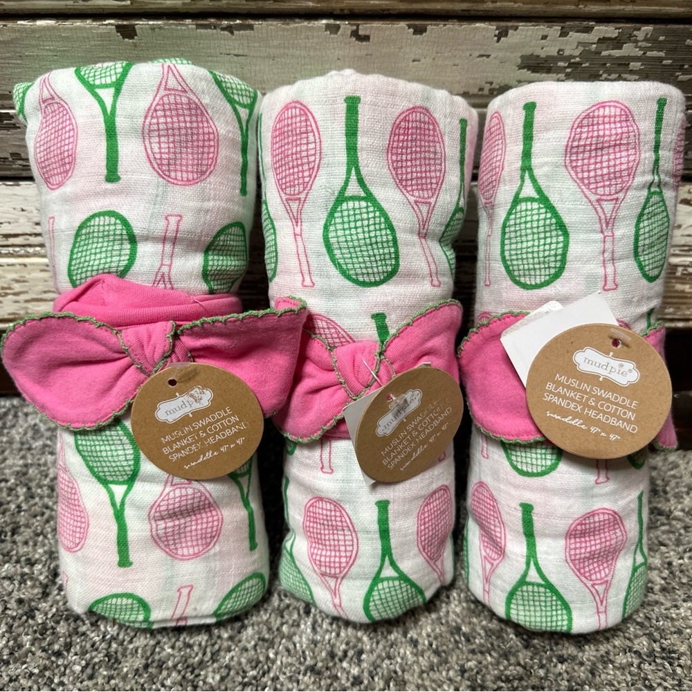 NEW 3 Mud Pie pink and Green Tennis Racket Swaddle Blankets & 3 Headbands